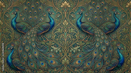Close-up of ornate Art Nouveau peacock feather pattern in deep blue and black on textured fabric background