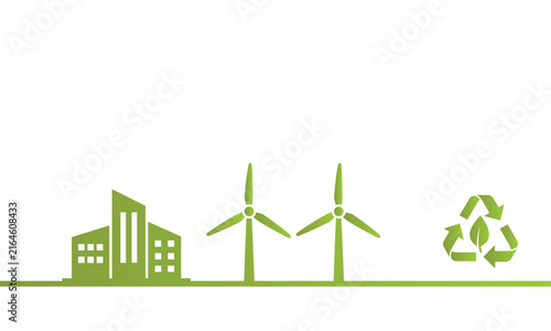 Green energy concept illustration featuring a modern building wind turbines and a recycling symbol on white background