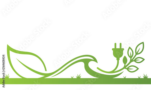 Green energy concept illustration featuring a stylized plant leaf merging into an electrical power plug on white background