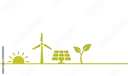 Minimalist green illustration of renewable energy sources including wind solar power and plant growth on white background