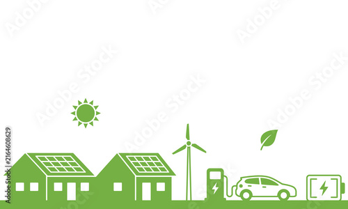 Green energy concept illustration featuring solar powered houses wind turbine electric vehicle charging station and sustainable living elements