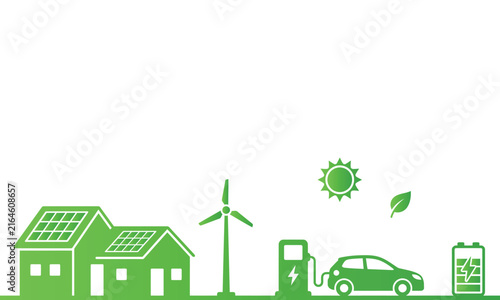 Green energy concept illustration featuring solar panels wind turbine electric vehicle charging station