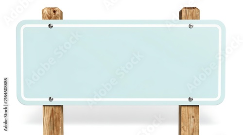 Blank white rectangular sign mounted on wooden posts with white background.