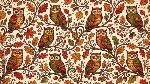Handcrafted folk art owls and autumn leaves seamless pattern in warm rustic tones for design projects