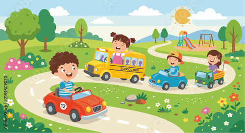 Colorful children driving cars vector illustration icon, featuring a school bus, playground, and kids having fun in a park