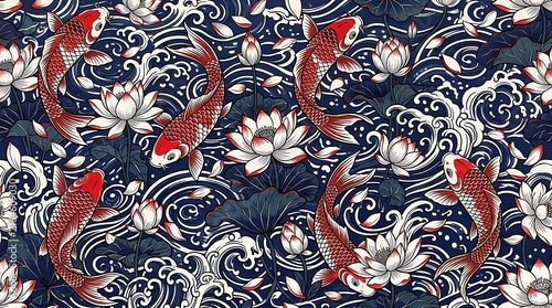 Vibrant koi fish and lotus floral swirls in seamless dark blue watercolor pattern texture