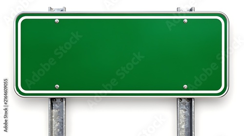 Blank Green Road Sign with Metal Posts Isolated on White Background.