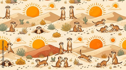 Meerkats standing guard in desert sunset with cacti and dry terrain backdrop