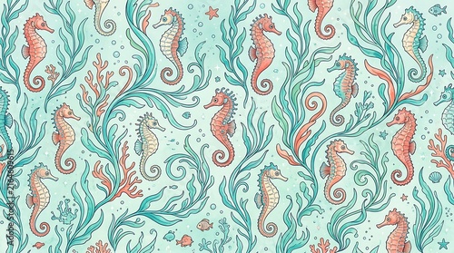 Seahorses and seaweed seamless pattern in blue and coral watercolor texture for fabric design