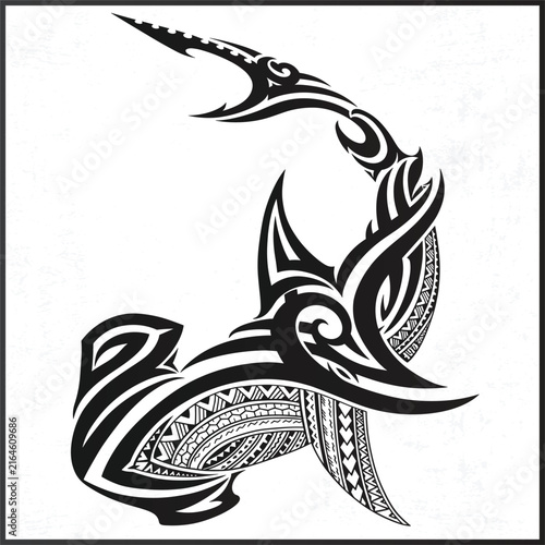 Polynesian tribal hammerhead shark vector illustration with traditional ornamental patterns