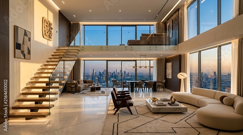 Modern Luxury Penthouse Living Room with Grand Mezzanine Level and Panoramic City Skyline Views at Sunset