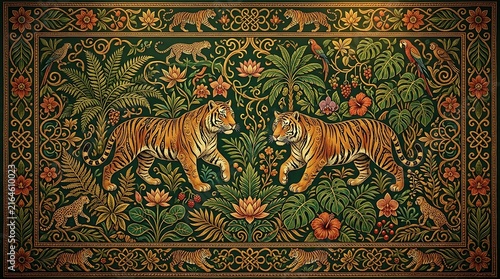 Two majestic tigers facing each other in lush jungle tapestry with ornate border design