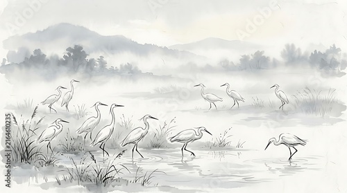 Flock of white herons wading in misty wetlands during winter morning fog