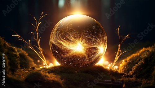 glowing orb nestled in dark earth illuminated by golden ethereal tendrils reaching upward emitting warm light and sparks