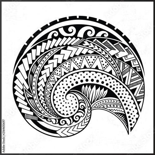 Polynesian tribal wave round tattoo vector illustration with traditional geometric patterns