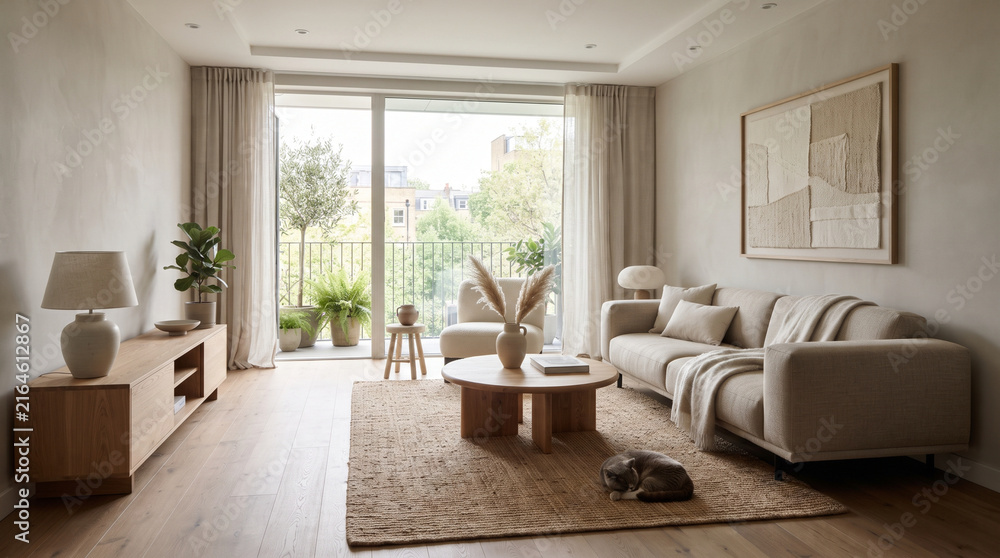 Fototapeta premium Modern minimalist living room interior with neutral tones and natural light.