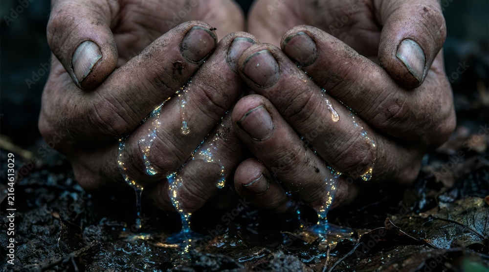 Fototapeta premium Hands Holding Water Drops in Nature Water Nature Environment Drops Dirt Earth Outdoors. Concept featuring water, nature, environment, drops, dirt for professional commercial design.