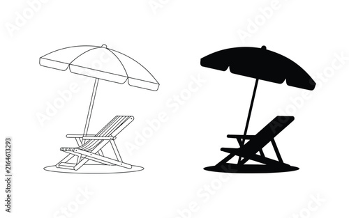 Beach lounger and sun parasol outline sketch and black vector silhouette