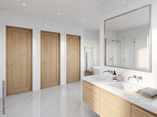 Modern bathroom interior featuring a floating double sink wooden vanity, large mirror, and three matching wood doors.