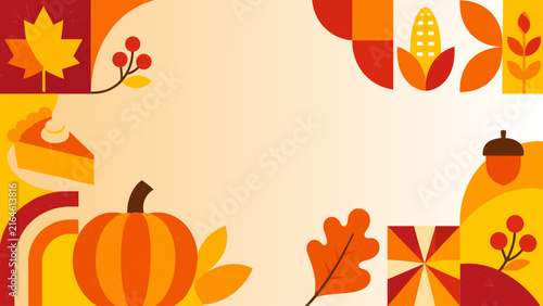Happy Thanksgiving Day Background with Roast Turkey, Autumn Leaves and Geometric Fall Decorations