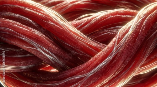 Close-up of Twisted Red Muscle Fibers Fibers Red Texture Anatomy Close-Up Biological Organic. Concept featuring fibers, red, texture, anatomy, close-up for professional commercial design.