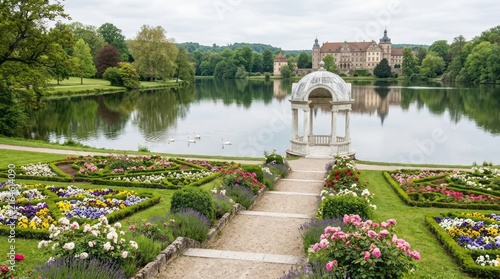 Scenic Garden View by Serene Lake Lake Flowers Landscape Nature Scenic Outdoors Tranquil. Concept featuring lake, flowers, landscape, nature, scenic for professional commercial design.