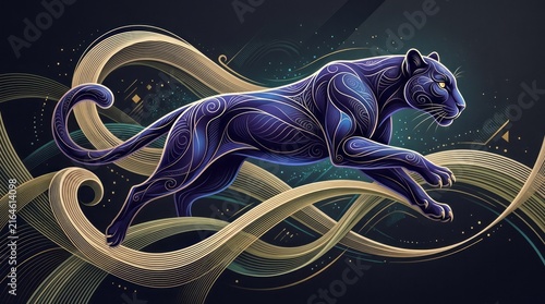 Stylized Panther Leaping with Abstract Swirls Leaping Illustration Abstract Art Animal Design Vector. Concept featuring leaping, illustration, abstract, art, animal for professional commercial design.