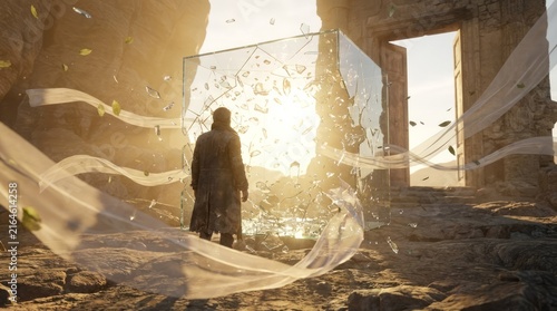 Mystical Portal with Shattered Glass Portal Glass Cube Fantasy Landscape Surreal Nature Light. Concept featuring portal, glass cube, fantasy, landscape, surreal for professional commercial design.