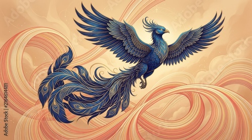 Majestic Blue Phoenix Illustration