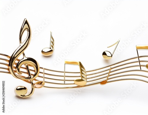 elegant golden music notes on stave isolated with white background