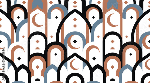 Minimal Crescent Moon and Arch Islamic Geometric Seamless Background