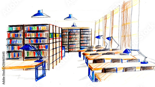 Artistic of a modern library interior with bookshelves and study desks background