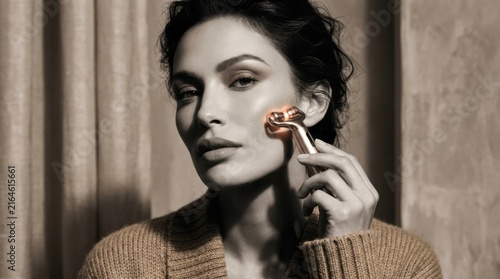 Woman Using Facial Roller for Skincare