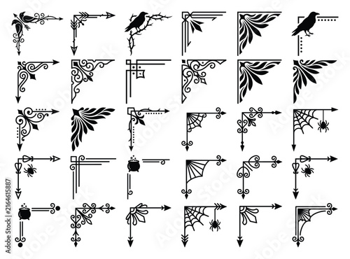 Set of black halloween vector ornamental corners with spiders and crows illustration.