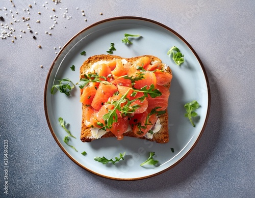 a slice of toasted bread with salmon salad on a plate top view