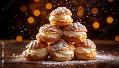 stack of cream puffs dusted with powdered sugar in a warm inviting display