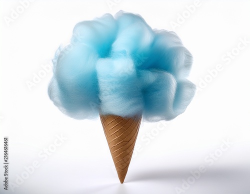 fluffy blue cotton candy on a paper cone isolated on white background