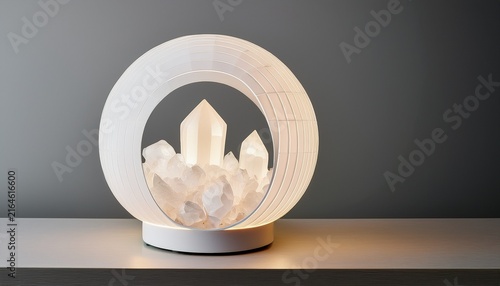 modern white circular led table lamp with quartz crystals on plain background