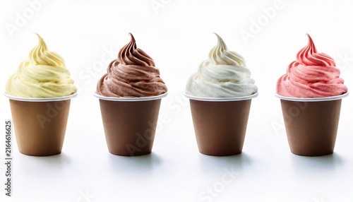 four cups of soft serve ice cream flavors isolated on white background