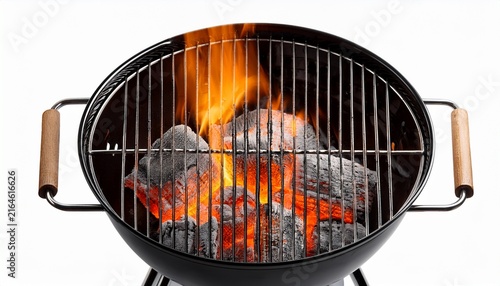 bbq grill pit with flaming charcoal top view isolated on white background