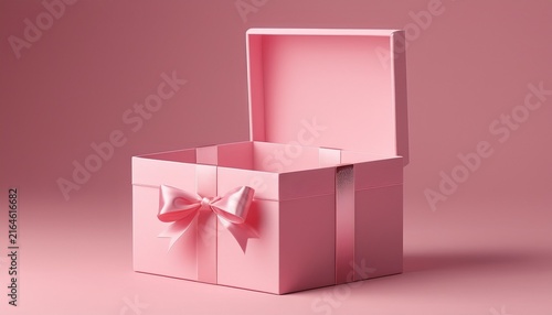 empty open pink pastel square gift box or present package with lid and ribbon bow front view isolated on pink background 3d rendering mockup