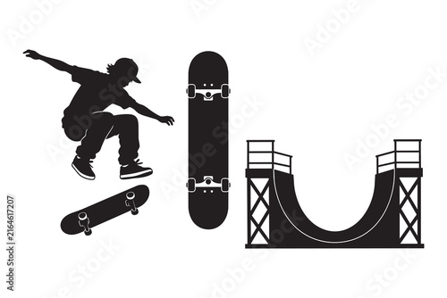 Skateboarder jumping with skateboards and ramp silhouette