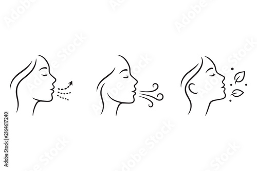Woman breathing and fresh air icons set