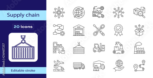 Supply chain editable stroke icon set featuring logistics, shipping, warehouse, transportation, delivery, inventory, distribution, cargo and global trade symbols.