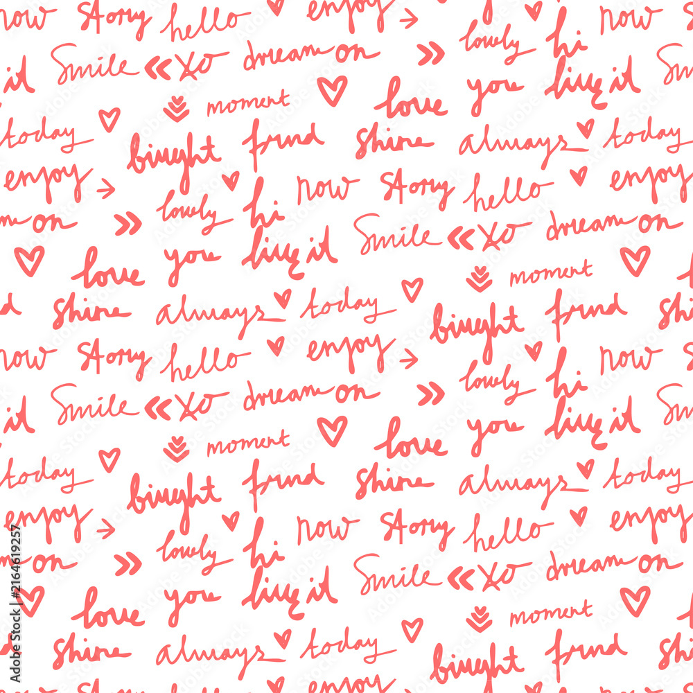 romantic handwritten lettering seamless pattern love quotes and hearts doodle background