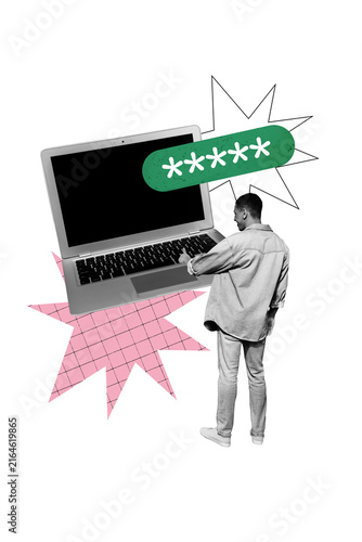 Cuadro en lienzo Vertical photo collage of happy american man enter password icon hacking access