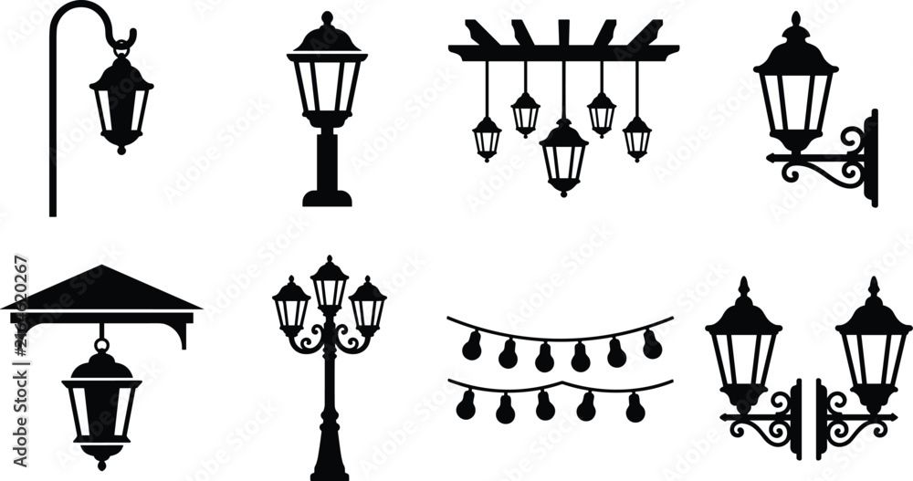 Naklejka premium Collection of outdoor lamp and lantern silhouettes
