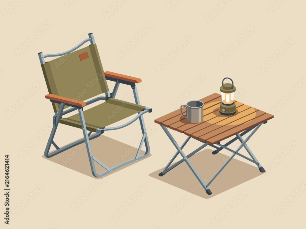 Fototapeta premium Flat vector illustration of a folding camping chair and portable wooden table with a lantern and mug for outdoor recreation.