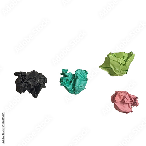 Abstract 3 d geometric shapes in metallic silver, turquoise, yellow, and pink colors made by torn paper with white background.