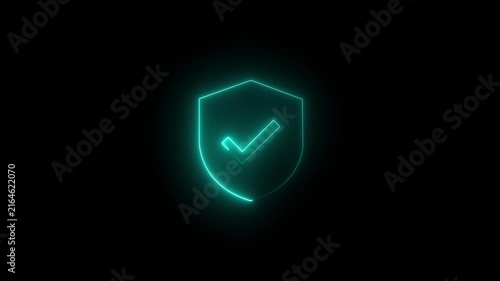 Glowing neon shield icon with check mark for cybersecurity and data protection concepts